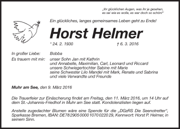 Traueranzeige von Horst Helmer von Dinkelsbühl/ Feuchtwangen