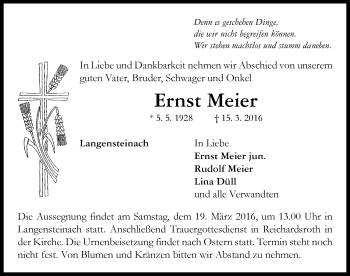 Traueranzeige von Ernst Meier von Neustadt/ Scheinfeld/ Uffenheim