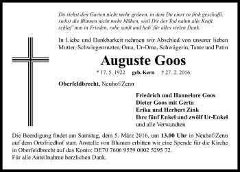 Traueranzeige von Auguste Goos von Neustadt/ Scheinfeld/ Uffenheim