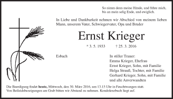 Traueranzeige von Ernst Krieger von Dinkelsbühl/ Feuchtwangen