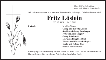 Traueranzeige von Fritz Löslein von Neustadt/ Scheinfeld/ Uffenheim