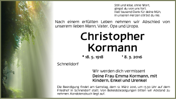 Traueranzeige von Christopher Kormann von Dinkelsbühl/ Feuchtwangen