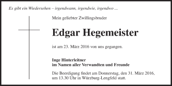 Traueranzeige von Edgar Hegemeister von Ansbach