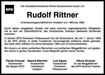 Traueranzeige von Rudolf Rittner von Rothenburg