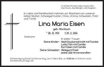 Traueranzeige von Lina Maria Eisen von Dinkelsbühl/ Feuchtwangen