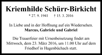 Traueranzeige von Kriemhilde Schürr-Birkicht von Neustadt/ Scheinfeld/ Uffenheim