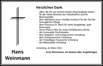 Traueranzeige von Hans Weinmann von Ansbach