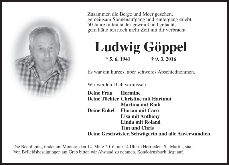  Traueranzeige für Ludwig Göppel vom 12.03.2016 aus Ansbach