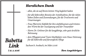 Traueranzeige von Babetta Link von Ansbach