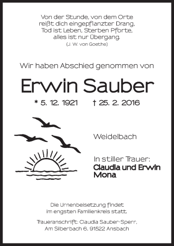 Traueranzeige von Erwin Sauber von Dinkelsbühl/ Feuchtwangen