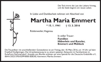 Traueranzeige von Martha Maria Emmert von Dinkelsbühl/ Feuchtwangen