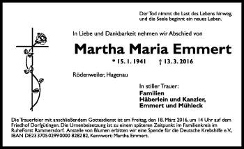 Traueranzeige von Martha Maria Emmert von Rothenburg