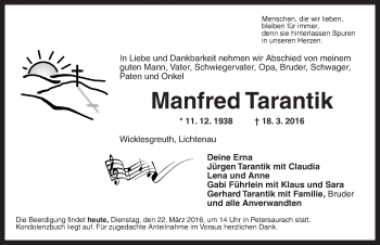 Traueranzeige von Manfred Tarantik von Ansbach