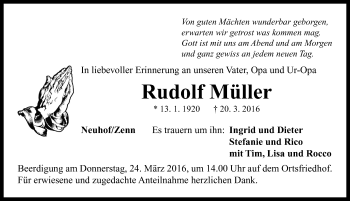 Traueranzeige von Rudolf Müller von Neustadt/ Scheinfeld/ Uffenheim