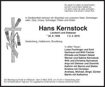 Traueranzeige von Hans Kernstock von Ansbach