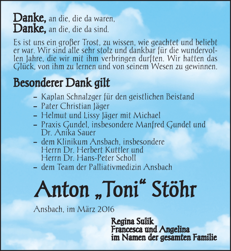  Traueranzeige für Anton Stöhr vom 05.03.2016 aus Ansbach