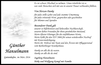 Traueranzeige von Günther Hanselmann von Rothenburg