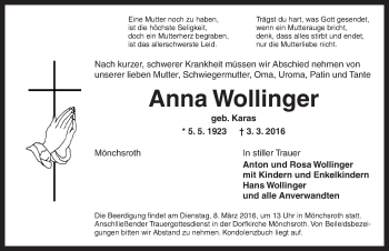 Traueranzeige von Anna Wollinger von Dinkelsbühl/ Feuchtwangen