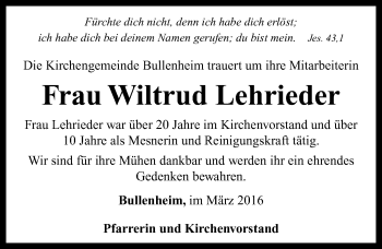 Traueranzeige von Wiltrud Lehrieder von Neustadt/ Scheinfeld/ Uffenheim