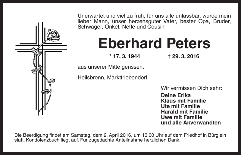  Traueranzeige für Eberhard Peters vom 01.04.2016 aus Ansbach