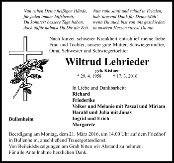 Traueranzeige von Wiltrud Lehrieder von Neustadt/ Scheinfeld/ Uffenheim