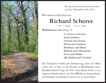 Traueranzeige von Richard Scherer von Neustadt/ Scheinfeld/ Uffenheim