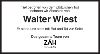 Traueranzeige von Walter Wiest von Dinkelsbühl/ Feuchtwangen