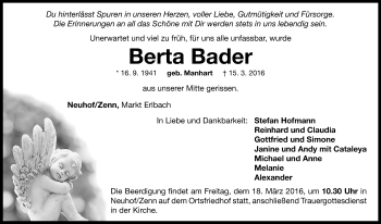 Traueranzeige von Berta Bader von Neustadt/ Scheinfeld/ Uffenheim