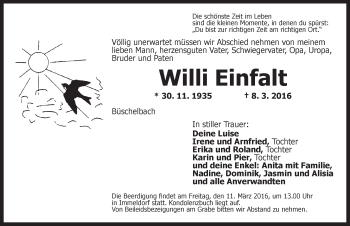 Traueranzeige von Willi Einfalt von Ansbach