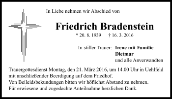 Traueranzeige von Friedrich Bradenstein von Neustadt/ Scheinfeld/ Uffenheim