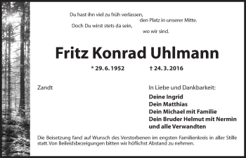 Traueranzeige von Fritz Konrad Uhlmann von Ansbach