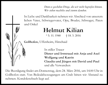 Traueranzeige von Helmut Kilian von Neustadt/ Scheinfeld/ Uffenheim