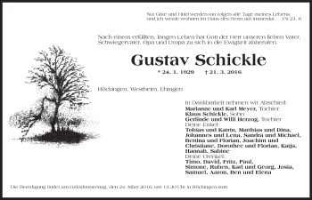 Traueranzeige von Gustav Schickle von Dinkelsbühl/ Feuchtwangen