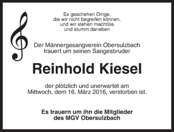 Traueranzeige von Reinhold Kiesel von Ansbach