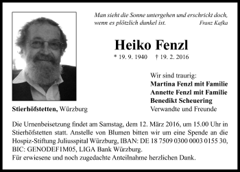 Traueranzeige von Heiko Fenzl von Neustadt/ Scheinfeld/ Uffenheim