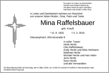 Traueranzeige von Mina Raffelsbauer von Dinkelsbühl/ Feuchtwangen