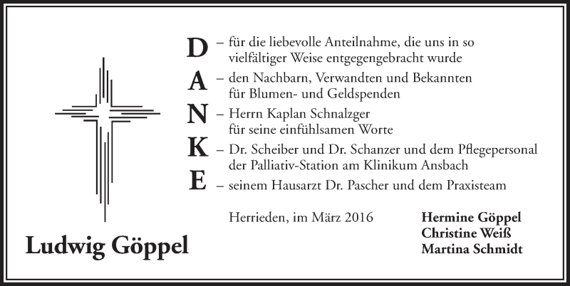  Traueranzeige für Ludwig Göppel vom 26.03.2016 aus Ansbach