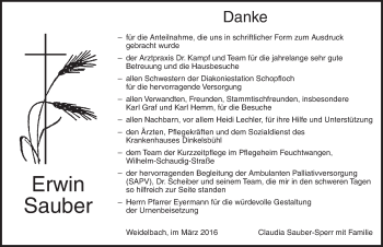 Traueranzeige von Erwin Sauber von Dinkelsbühl/ Feuchtwangen