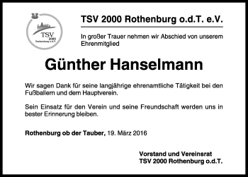 Traueranzeige von Günther Hanselmann von Rothenburg