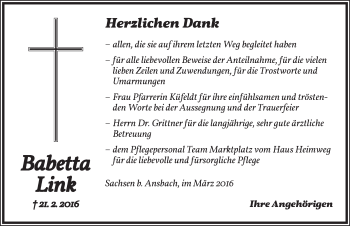 Traueranzeige von Babetta Link von Ansbach