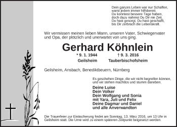 Traueranzeige von Gerhard Köhnlein von Dinkelsbühl/ Feuchtwangen