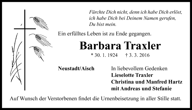 Traueranzeigen Von Barbara Traxler Trauerflzde 