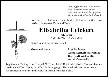 Traueranzeige von Elisabetha Leickert von Neustadt/ Scheinfeld/ Uffenheim