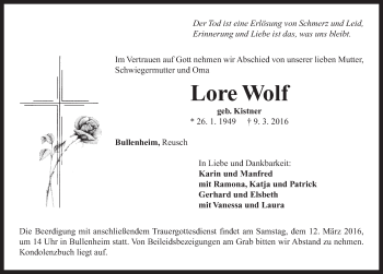 Traueranzeige von Lore Wolf von Neustadt/ Scheinfeld/ Uffenheim