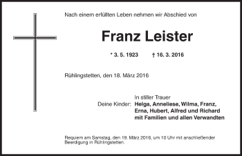 Traueranzeige von Franz Leister von Dinkelsbühl/ Feuchtwangen