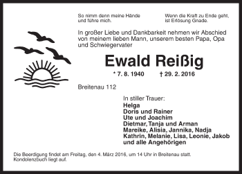 Traueranzeige von Ewald Reißig von Dinkelsbühl/ Feuchtwangen