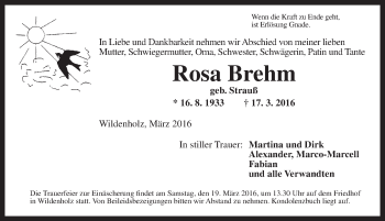 Traueranzeige von Rosa Brehm von Dinkelsbühl/ Feuchtwangen