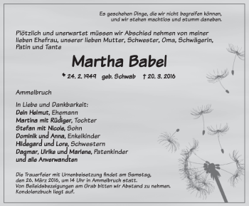 Traueranzeige von Martha Babel von Dinkelsbühl/ Feuchtwangen