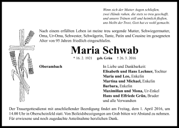 Traueranzeige von Maria Schwab von Neustadt/ Scheinfeld/ Uffenheim