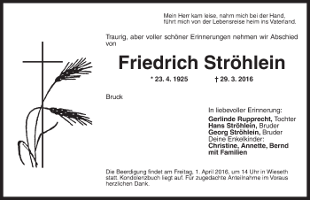 Traueranzeige von Friedrich Ströhlein von Dinkelsbühl/ Feuchtwangen